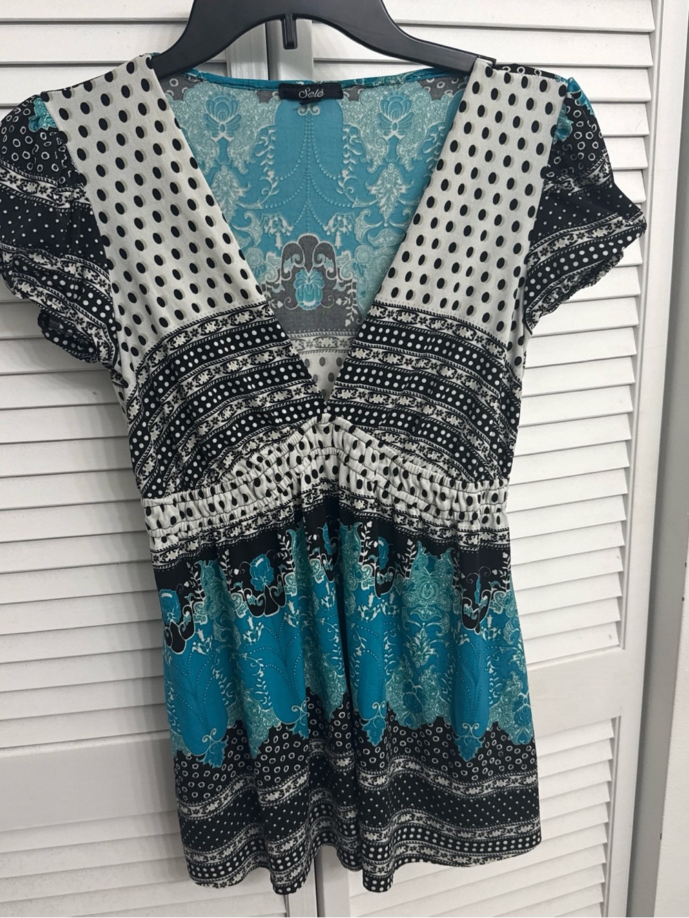 Soleil Teal & Black Patterned V-Neck Tunic